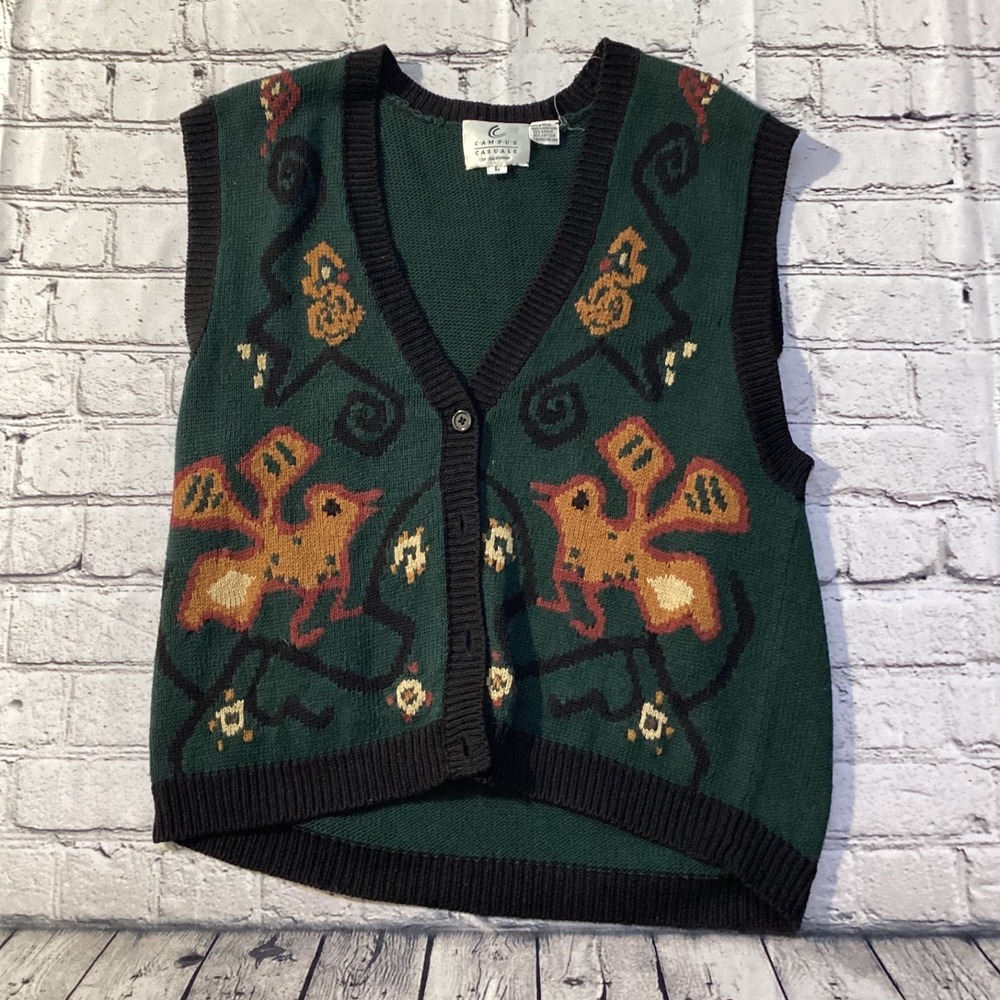 Vintage Campus Casuals Green Sweater Vest Aztec Bird Knit Button Front Large